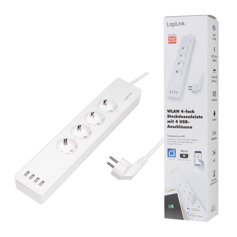 Casa si Gradina - Electrice - Accesorii electrice - Prelungitoare, triple, fise - Prelungitor inteligent LogiLink SH0104, Wi-Fi, 4 prize, 4xUSB, compatibil Tuya, 1.8m, Alb - Infinity.ro