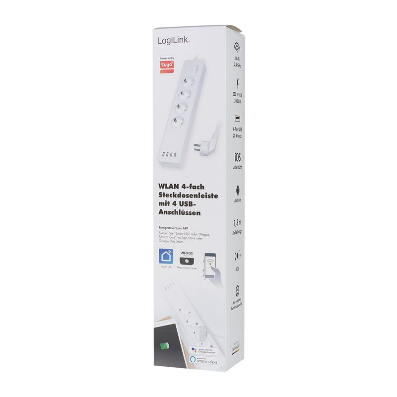 Casa si Gradina - Electrice - Accesorii electrice - Prelungitoare, triple, fise - Prelungitor inteligent LogiLink SH0104, Wi-Fi, 4 prize, 4xUSB, compatibil Tuya, 1.8m, Alb - Infinity.ro
