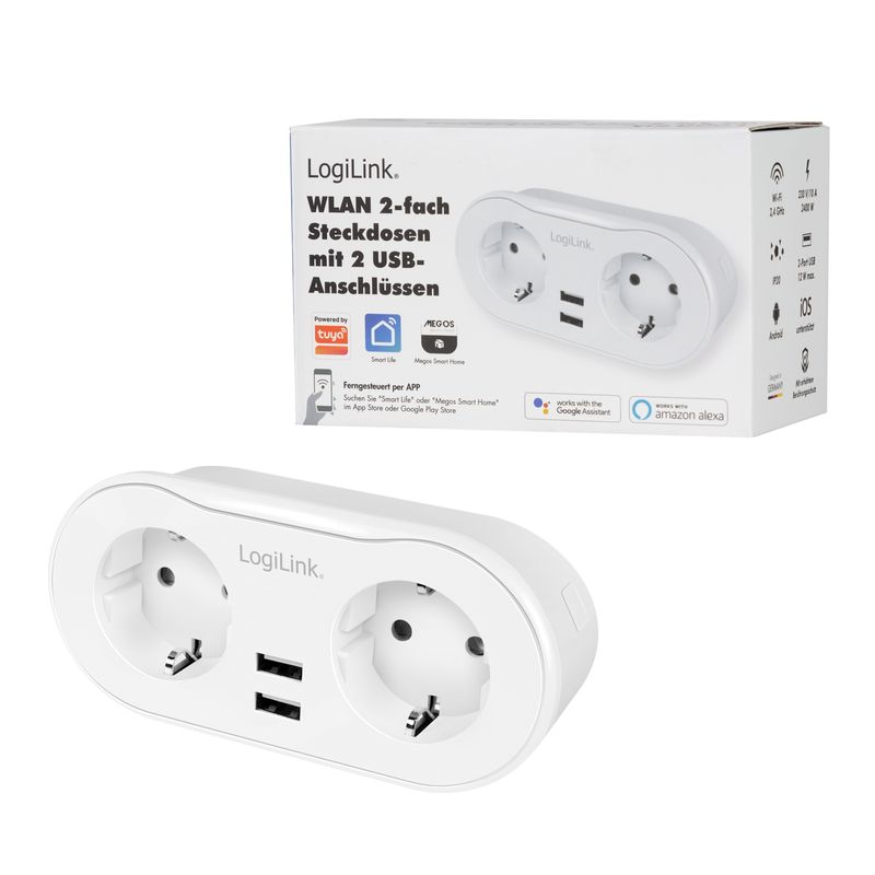 Casa si Gradina - Electrice - Prize - Priza inteligenta LogiLink SH0102, Wi-Fi, 2 prize, 2x USB-A 5V/2.4A, compatibil Tuya, Alb - Infinity.ro