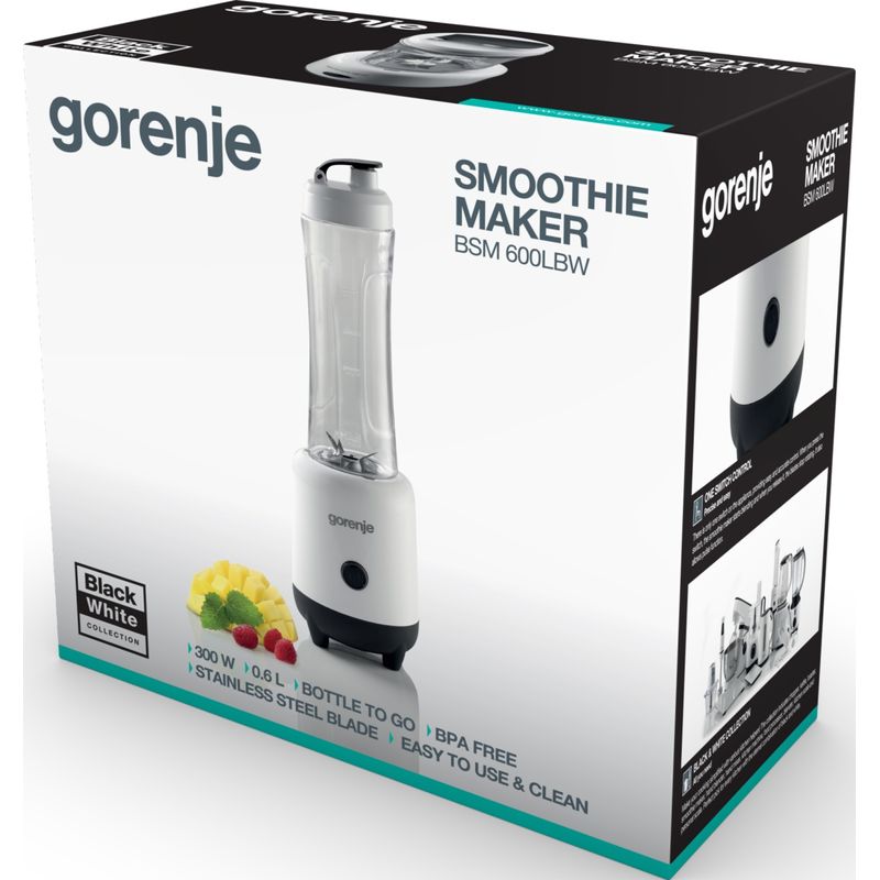 Electronice si Electrocasnice - Electrocasnice bucatarie - Mixere, tocatoare & roboti de bucatarie - Blendere si mini tocatoare - Mini blender Gorenje BSM600LBW, 0.6l, 300W, 1 treapta viteza, alb-negru - Infinity.ro