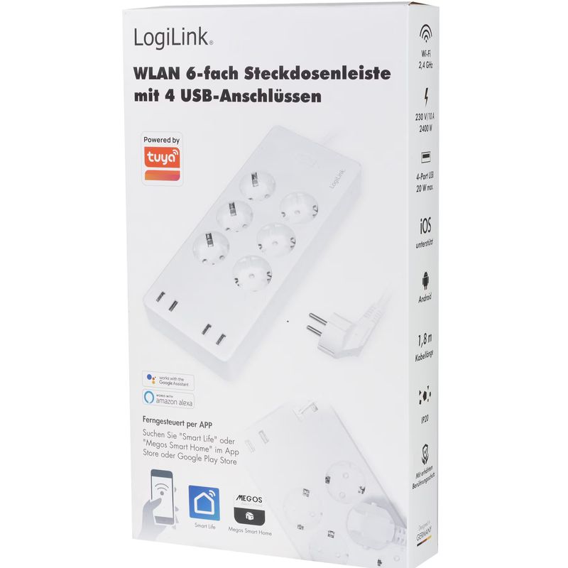 Casa si Gradina - Electrice - Accesorii electrice - Prelungitoare, triple, fise - Prelungitor inteligent Logilink SH0105, Wi-Fi, 6 prize, 4x USB-A, 1.8m, Alb - Infinity.ro
