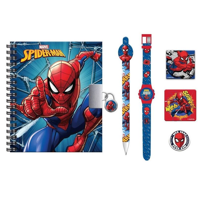 Carti si Birotica - Rechizite - Alte accesorii scolare - Set jurnal cu lacat pentru baieti, Marvel, Plastic, cu ceas si stilou, Spiderman, Rosu/Albastru - Infinity.ro
