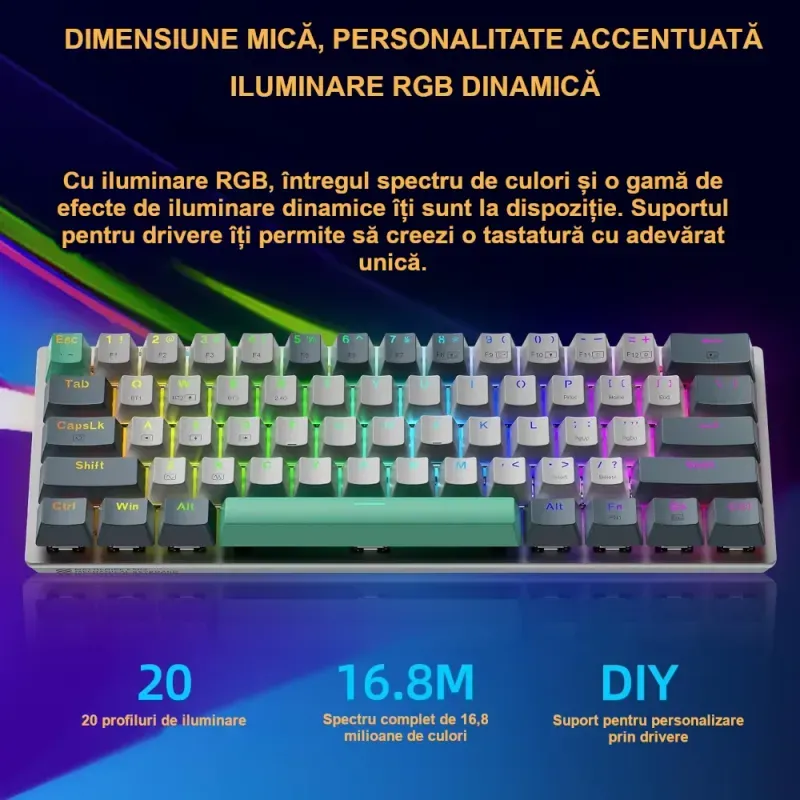 PC, gaming si accesorii - Periferice PC - Tastaturi - Tastatura mecanica gaming 61 taste ABYZ design ergonomic, iluminare LED, switch-uri Blue, conexiune USB alb - Infinity.ro