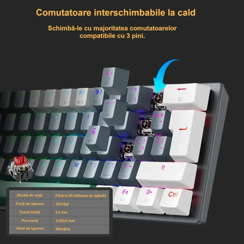PC, gaming si accesorii - Periferice PC - Tastaturi - Tastatura mecanica gaming 61 taste ABYZ design ergonomic, iluminare LED, switch-uri Blue, conexiune USB alb - Infinity.ro