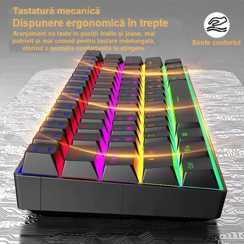 PC, gaming si accesorii - Periferice PC - Tastaturi - Tastatura mecanica gaming 61 taste ABYZ design ergonomic, iluminare LED, switch-uri Blue, conexiune USB negru - Infinity.ro