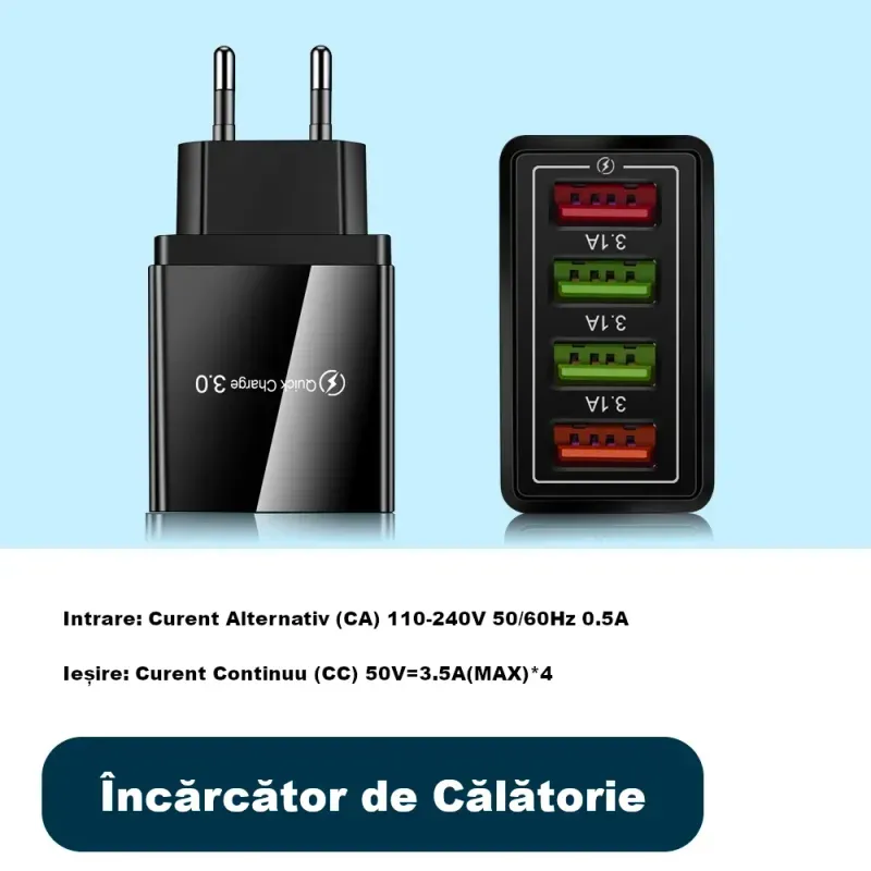 Laptop, Telefoane si Tablete - Telefoane mobile si accesorii - Accesorii Telefoane - Incarcatoare telefoane - Incarcator telefon cu 4 porturi USB 20W QC 3.0+PD, incarcare rapida pentru smartphone, tableta si accesorii mobile negru - Infinity.ro