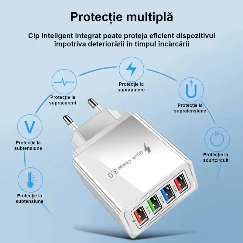 Laptop, Telefoane si Tablete - Telefoane mobile si accesorii - Accesorii Telefoane - Incarcatoare telefoane - Incarcator telefon cu 4 porturi USB 20W, QC 3.0+PD, incarcare rapida pentru smartphone, tableta si accesorii mobile alb - Infinity.ro