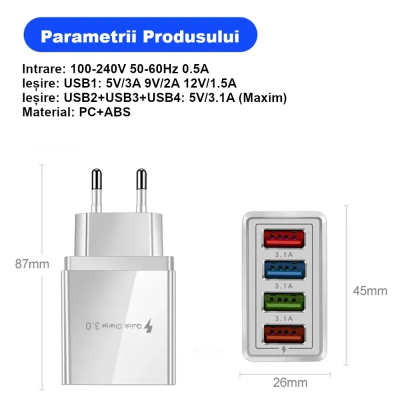 Laptop, Telefoane si Tablete - Telefoane mobile si accesorii - Accesorii Telefoane - Incarcatoare telefoane - Incarcator telefon cu 4 porturi USB 20W, QC 3.0+PD, incarcare rapida pentru smartphone, tableta si accesorii mobile alb - Infinity.ro