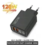 Laptop, Telefoane si Tablete - Telefoane mobile si accesorii - Accesorii Telefoane - Incarcatoare telefoane - Incarcator rapid smartphone 120W cu 4 porturi 2xUSB-C 2xUSB-A ABYZ PD 3.0, Quick Charge, protectie OTP/OVP, negru - Infinity.ro
