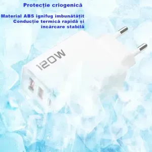 Incarcator rapid 120W cu 2xUSB-C 2xUSB-A ABYZ PD 3.0, Quick Charge, protectie OTP/OVP, compatibil telefon, tableta alb
