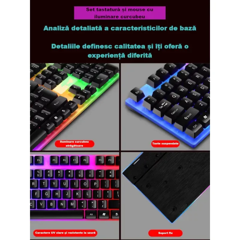 PC, gaming si accesorii - Periferice PC - Tastaturi - Set tastatura si mouse gaming RGB ABYZ 104 taste, USB, ergonomic, rezistent la apa, iluminare colorata, negru - Infinity.ro