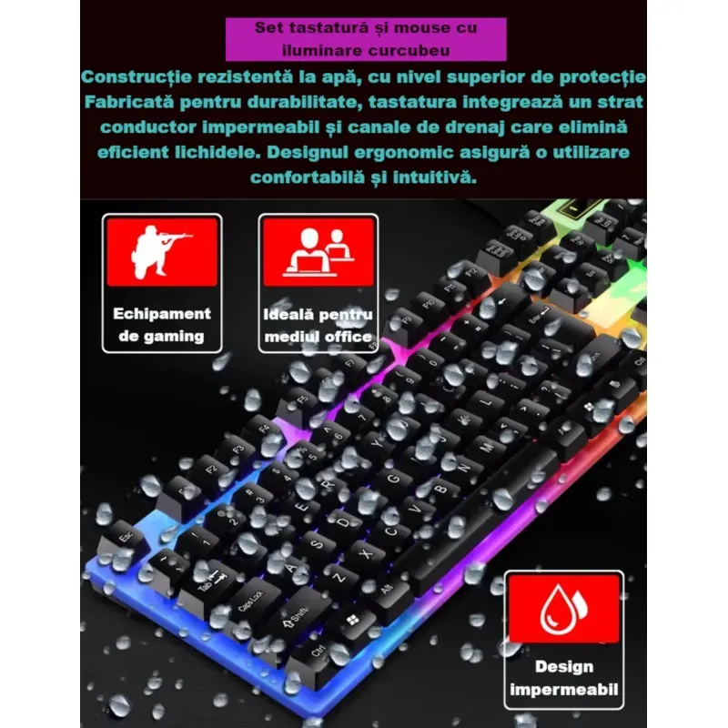 PC, gaming si accesorii - Periferice PC - Tastaturi - Set tastatura si mouse gaming RGB ABYZ 104 taste, USB, ergonomic, rezistent la apa, iluminare colorata, negru - Infinity.ro