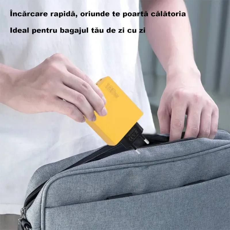 PC, gaming si accesorii - Periferice PC - Tastaturi - Incarcator 120W cu 6 porturi USB ABYZ USB-C si USB-A, QC 3.0, PD 3.0, 5V 3A, adaptor universal pentru telefon galben - Infinity.ro