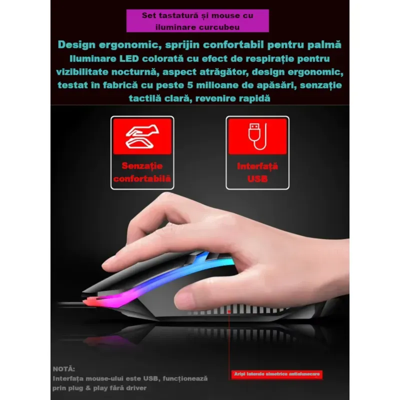 PC, gaming si accesorii - Periferice PC - Tastaturi - Set tastatura si mouse gaming RGB ABYZ 104 taste, USB, ergonomic, rezistent la apa, iluminare colorata, negru - Infinity.ro