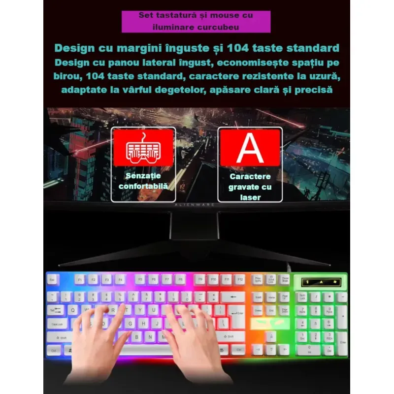 PC, gaming si accesorii - Periferice PC - Tastaturi - Set tastatura si mouse gaming RGB ABYZ 104 taste, USB, ergonomic, rezistent la apa, iluminare colorata, alb - Infinity.ro