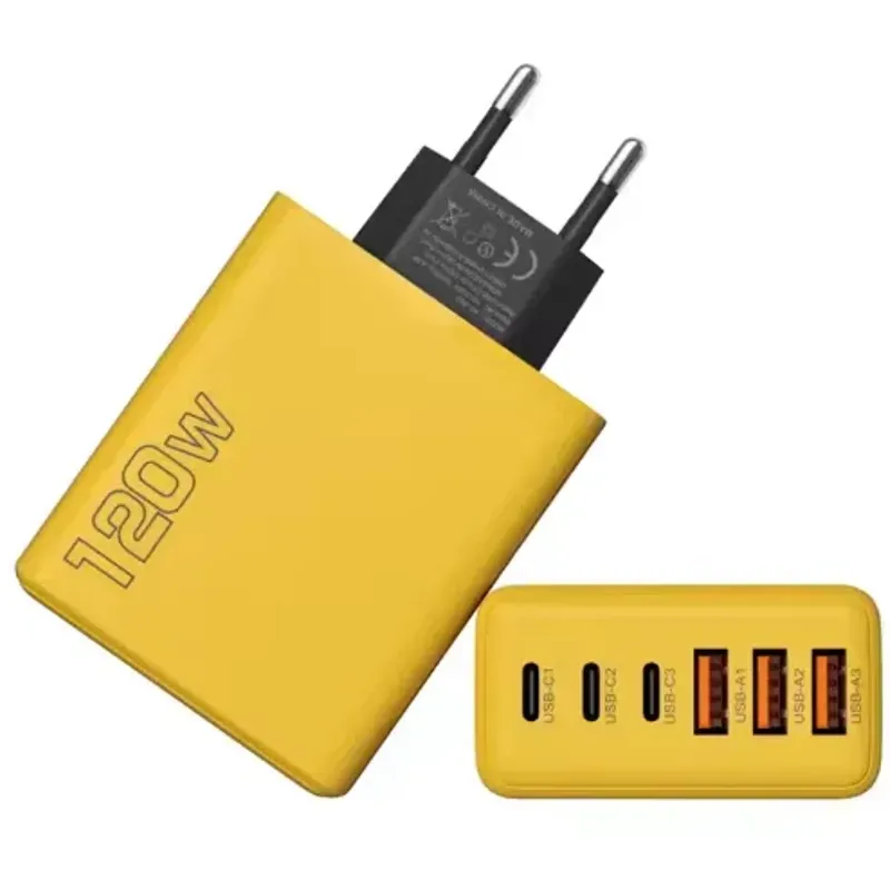 PC, gaming si accesorii - Periferice PC - Tastaturi - Incarcator 120W cu 6 porturi USB ABYZ USB-C si USB-A, QC 3.0, PD 3.0, 5V 3A, adaptor universal pentru telefon galben - Infinity.ro