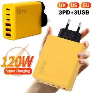 Incarcator 120W cu 6 porturi USB ABYZ USB-C si USB-A, QC 3.0, PD 3.0, 5V 3A, adaptor universal pentru telefon galben