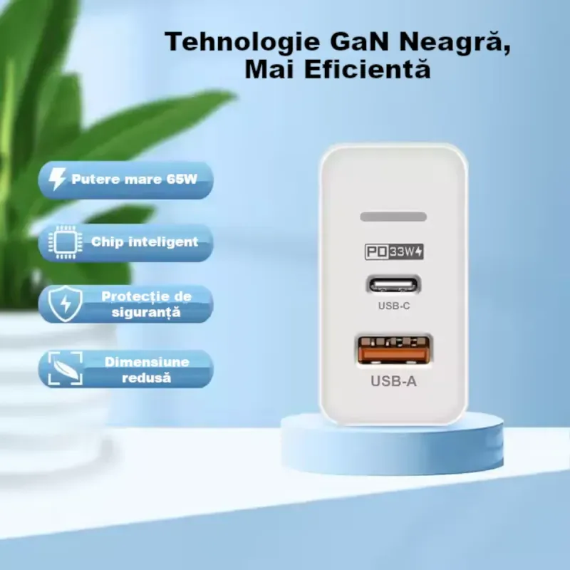Laptop, Telefoane si Tablete - Telefoane mobile si accesorii - Accesorii Telefoane - Incarcatoare telefoane - Incarcator smartphone ABYZ 65W cu USB-C si USB-A – QC 3.0 + PD 3.0, incarcare rapida pentru laptop si telefon alb - Infinity.ro