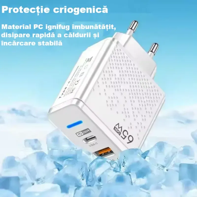 Laptop, Telefoane si Tablete - Telefoane mobile si accesorii - Accesorii Telefoane - Incarcatoare telefoane - Incarcator smartphone ABYZ 65W cu USB-C si USB-A – QC 3.0 + PD 3.0, incarcare rapida pentru laptop si telefon alb - Infinity.ro