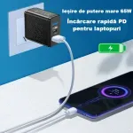 Laptop, Telefoane si Tablete - Telefoane mobile si accesorii - Accesorii Telefoane - Incarcatoare telefoane - Incarcator smartphone ABYZ 65W cu USB-C si USB-A – QC 3.0 + PD 3.0, incarcare rapida pentru laptop si telefon negru - Infinity.ro