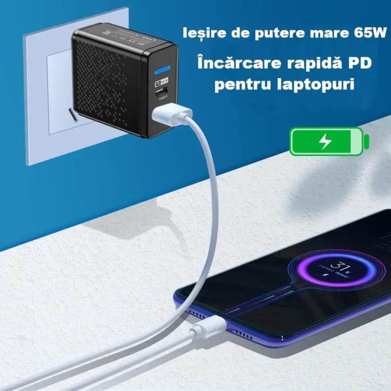 Laptop, Telefoane si Tablete - Telefoane mobile si accesorii - Accesorii Telefoane - Incarcatoare telefoane - Incarcator smartphone ABYZ 65W cu USB-C si USB-A – QC 3.0 + PD 3.0, incarcare rapida pentru laptop si telefon negru - Infinity.ro