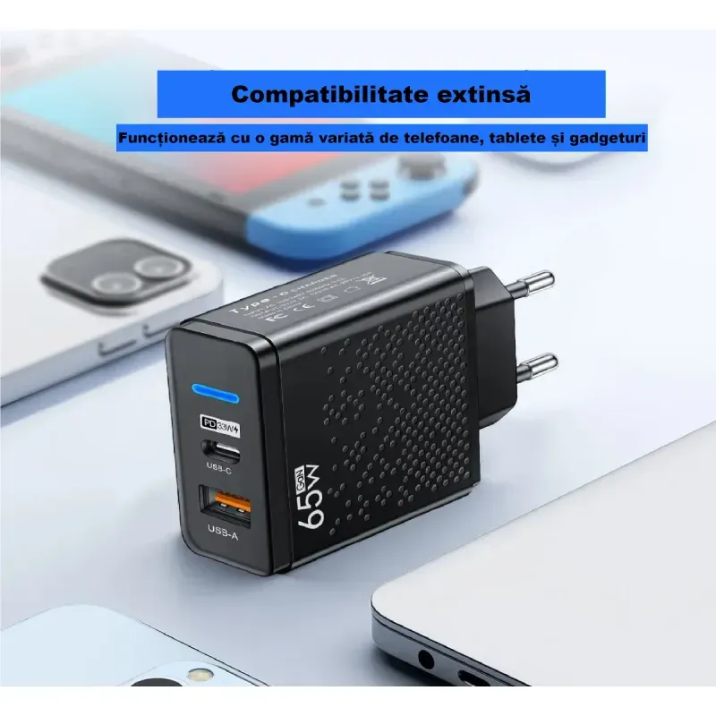 Laptop, Telefoane si Tablete - Telefoane mobile si accesorii - Accesorii Telefoane - Incarcatoare telefoane - Incarcator smartphone ABYZ 65W cu USB-C si USB-A – QC 3.0 + PD 3.0, incarcare rapida pentru laptop si telefon negru - Infinity.ro