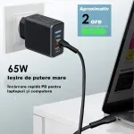 Laptop, Telefoane si Tablete - Telefoane mobile si accesorii - Accesorii Telefoane - Incarcatoare telefoane - Incarcator smartphone ABYZ 65W cu USB-C si USB-A – QC 3.0 + PD 3.0, incarcare rapida pentru laptop si telefon negru - Infinity.ro