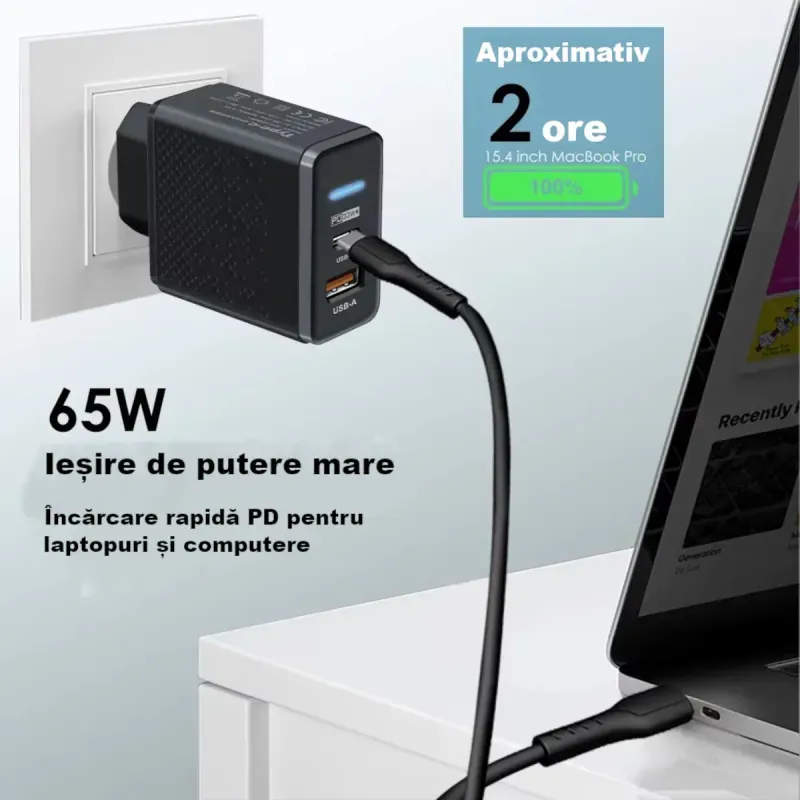 Laptop, Telefoane si Tablete - Telefoane mobile si accesorii - Accesorii Telefoane - Incarcatoare telefoane - Incarcator smartphone ABYZ 65W cu USB-C si USB-A – QC 3.0 + PD 3.0, incarcare rapida pentru laptop si telefon negru - Infinity.ro
