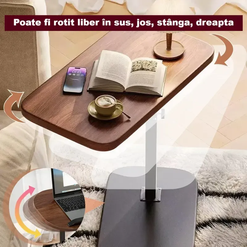 Casa si Gradina - Mobilier - Mese si birouri - Masute de cafea - Masuta laterala tip C cu inaltime ajustabila, compacta din lemn, ideala pentru canapea, colt sau pat nuc-negru - Infinity.ro