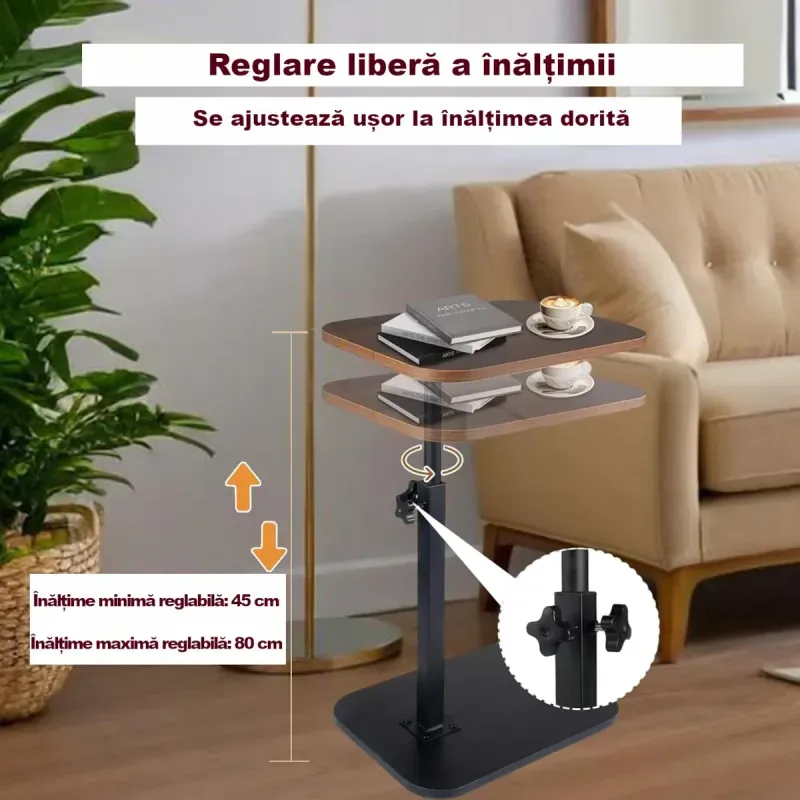 Casa si Gradina - Mobilier - Mese si birouri - Masute de cafea - Masuta laterala tip C cu inaltime ajustabila, compacta din lemn, ideala pentru canapea, colt sau pat nuc-negru - Infinity.ro