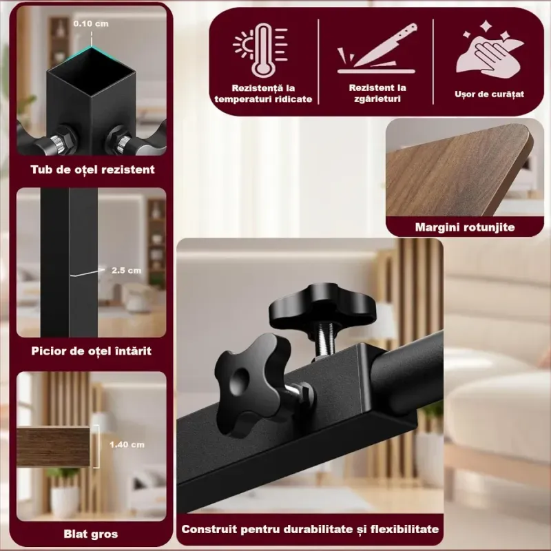 Casa si Gradina - Mobilier - Mese si birouri - Masute de cafea - Masuta laterala tip C cu inaltime ajustabila, compacta din lemn, ideala pentru canapea, colt sau pat nuc-negru - Infinity.ro