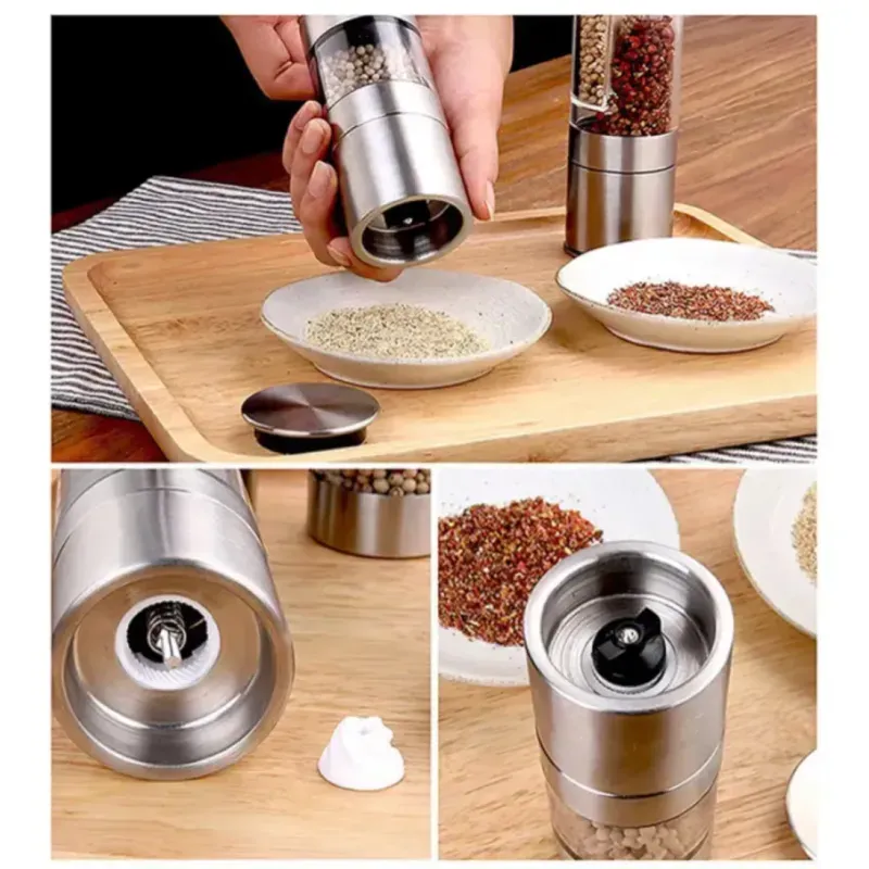 Casa si Gradina - Bucatarie si vesela - Ustensile bucatarie - Rasnite si dozatoare condimente - Rasnita Manuala Dubla ABYZ pentru Condimente, Inox, Ajustabila, 5x20cm – Macinare fina si grosiera - Infinity.ro