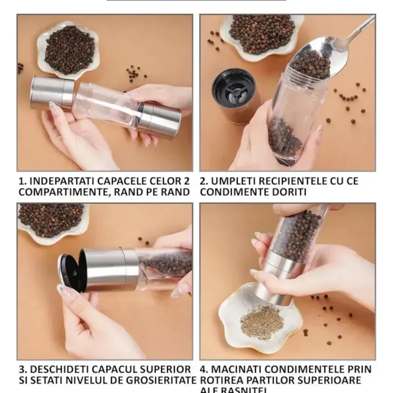 Casa si Gradina - Bucatarie si vesela - Ustensile bucatarie - Rasnite si dozatoare condimente - Rasnita Manuala Dubla ABYZ pentru Condimente, Inox, Ajustabila, 5x20cm – Macinare fina si grosiera - Infinity.ro