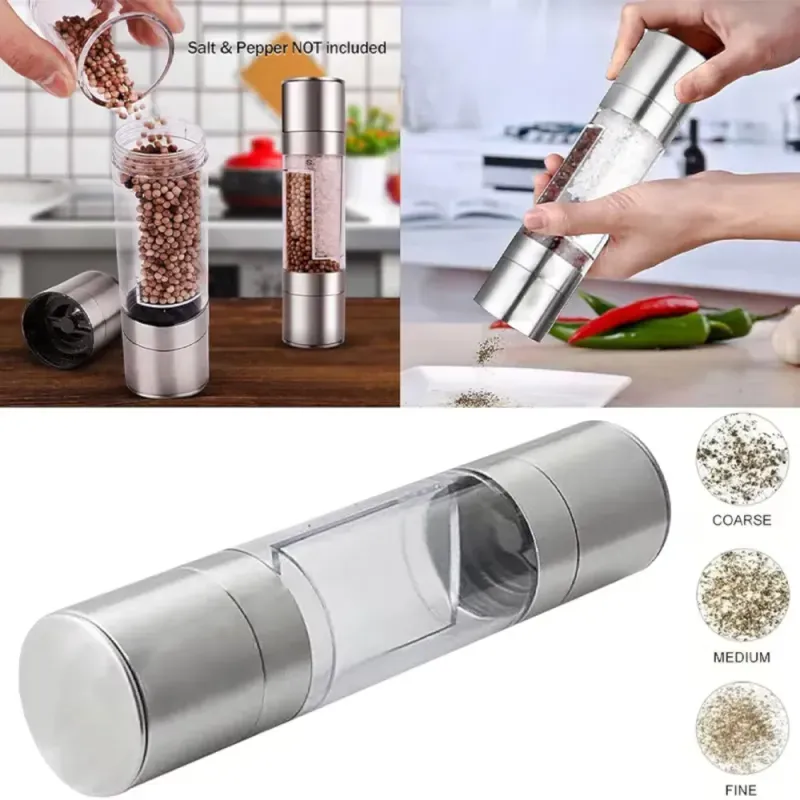 Casa si Gradina - Bucatarie si vesela - Ustensile bucatarie - Rasnite si dozatoare condimente - Rasnita Manuala Dubla ABYZ pentru Condimente, Inox, Ajustabila, 5x20cm – Macinare fina si grosiera - Infinity.ro