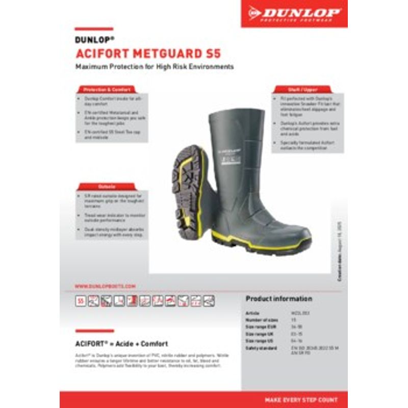 Casa si Gradina - Constructii - Echipamente de lucru - Incaltaminte protectia muncii - Cizme de lucru Dunlop Acifort MetGuard S5 MZ2LE03 – Protectie metatarsiana si bombeu otel Gri 43 - Infinity.ro