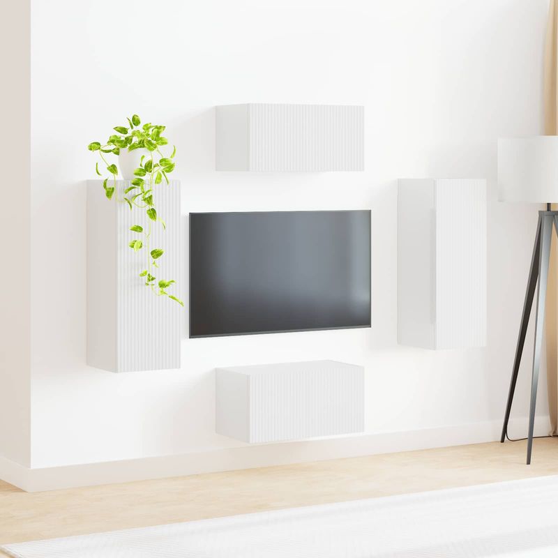 Casa si Gradina - Mobilier - Comode si corpuri - Comode - Set comoda TV Pe perete 2 pcs Alb lucios Lemn compozit - Infinity.ro