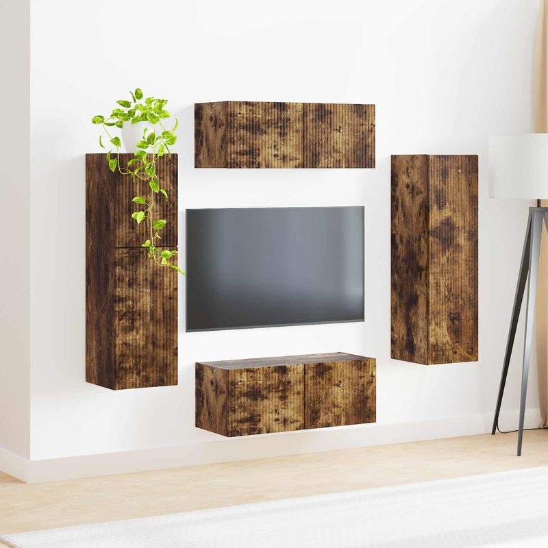 Casa si Gradina - Mobilier - Comode si corpuri - Comode - Set comoda TV Pe perete 4 pcs Stejar fumuriu Lemn compozit - Infinity.ro