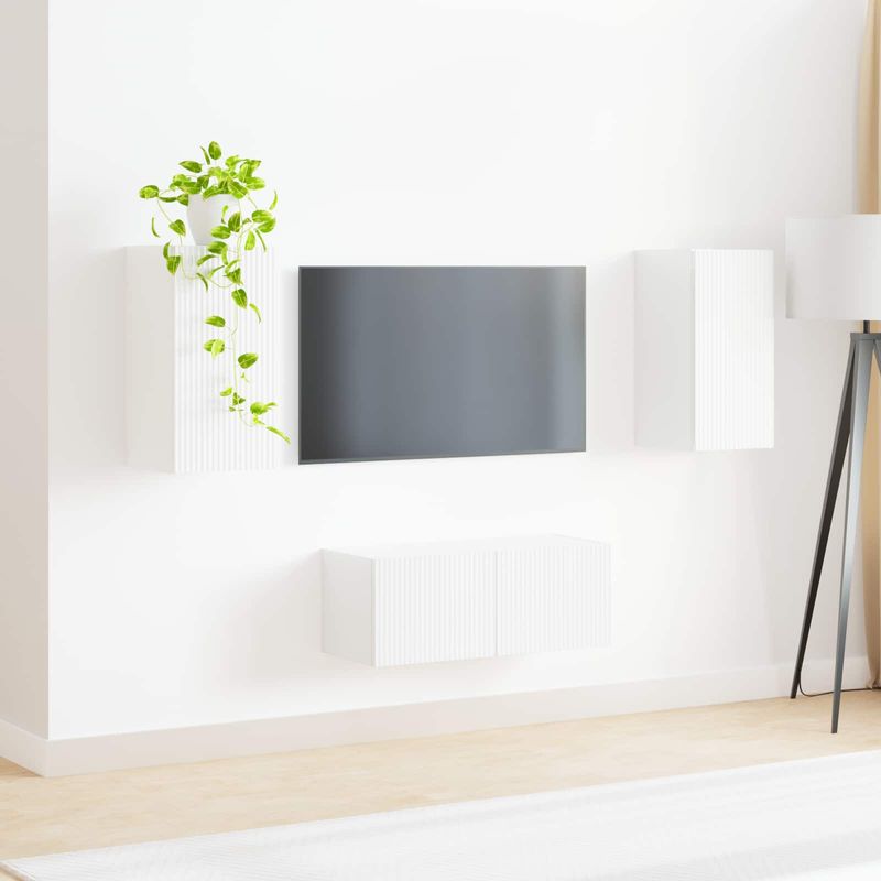 Casa si Gradina - Mobilier - Comode si corpuri - Comode - Set comoda TV Pe perete 2 pcs Alb lucios Lemn compozit - Infinity.ro