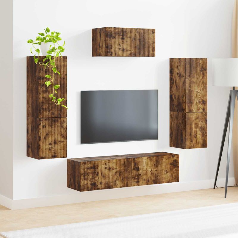 Casa si Gradina - Mobilier - Comode si corpuri - Comode - Set comoda TV Pe perete 4 pcs Stejar fumuriu Lemn compozit - Infinity.ro