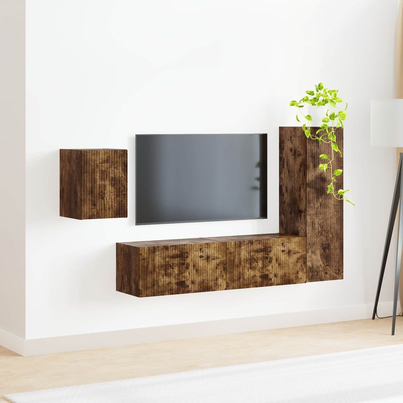 Casa si Gradina - Mobilier - Comode si corpuri - Comode - Set comoda TV Pe perete 4 pcs Stejar fumuriu Lemn compozit - Infinity.ro