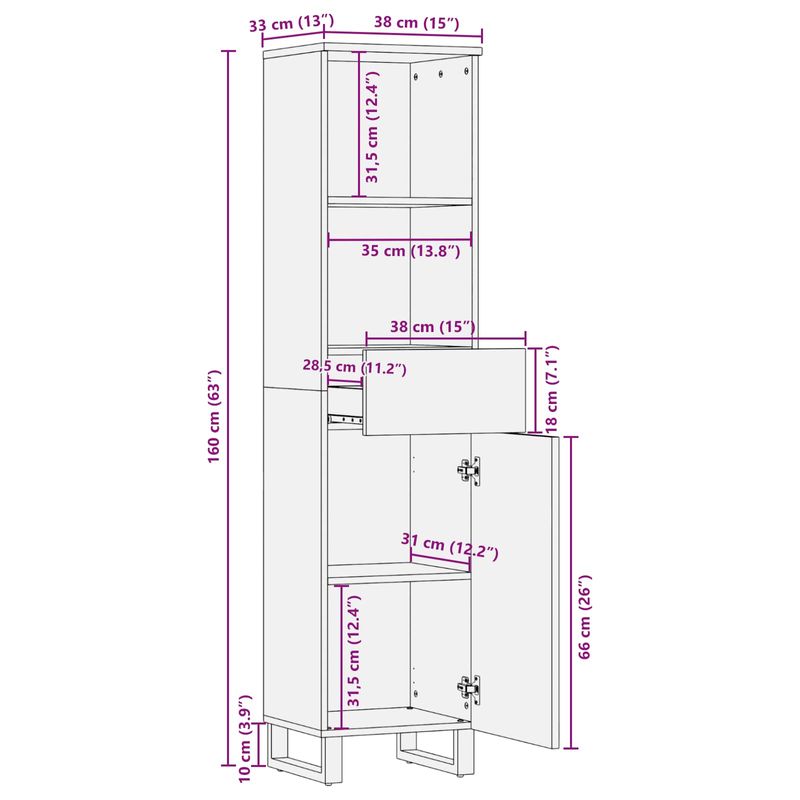 Casa si Gradina - Mobilier - Mobilier baie - Comode baie - Dulap de Baie natural 38 x 33,5 x 160 cm Lemn de mango solid - Infinity.ro