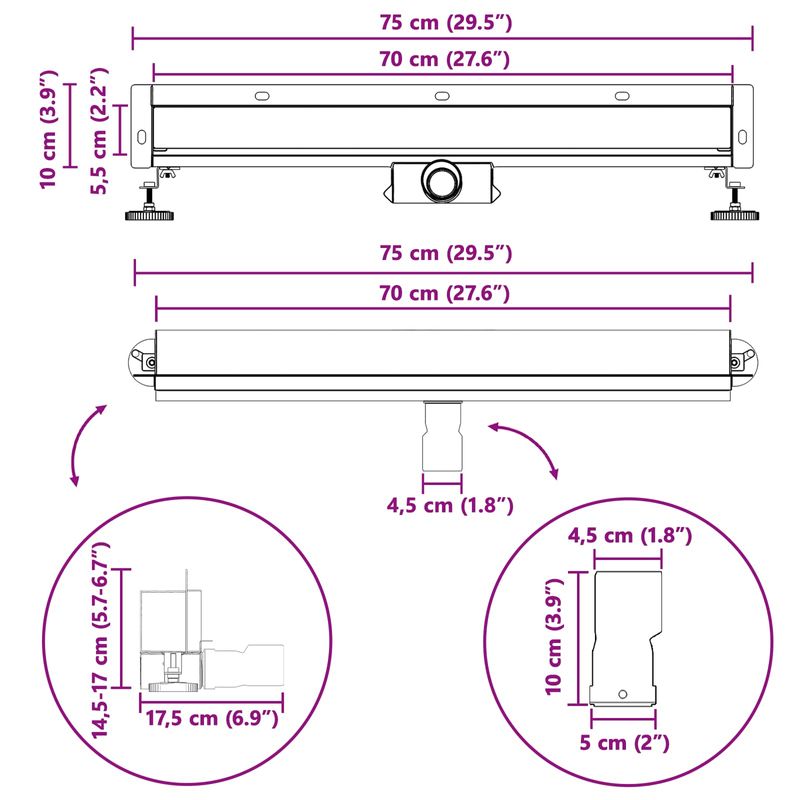 Casa si Gradina - Constructii - Materiale constructii - Sisteme de scurgere - Drenaj pentru Dus Montat pe Perete Argintiu 70 cm - Infinity.ro