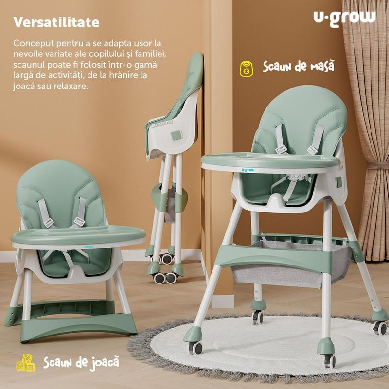 Jucarii, Copii si Bebe - Hrana si alaptare - Scaune de masa bebe - Scaun de masa 2 in 1 U-Grow UG-502-GRN, pliabil, husa detasabila, verde - Infinity.ro