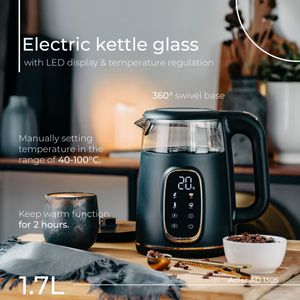 Fierbator electric Adler 1,7L, sticla, negru si auriu, control al temperaturii, afisaj LED, AD 1305 bg