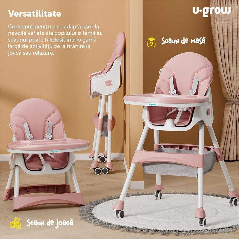 Jucarii, Copii si Bebe - Hrana si alaptare - Scaune de masa bebe - Scaun de masa 2 in 1 U-Grow UG-502-PK, pliabil, husa detasabila, roz - Infinity.ro
