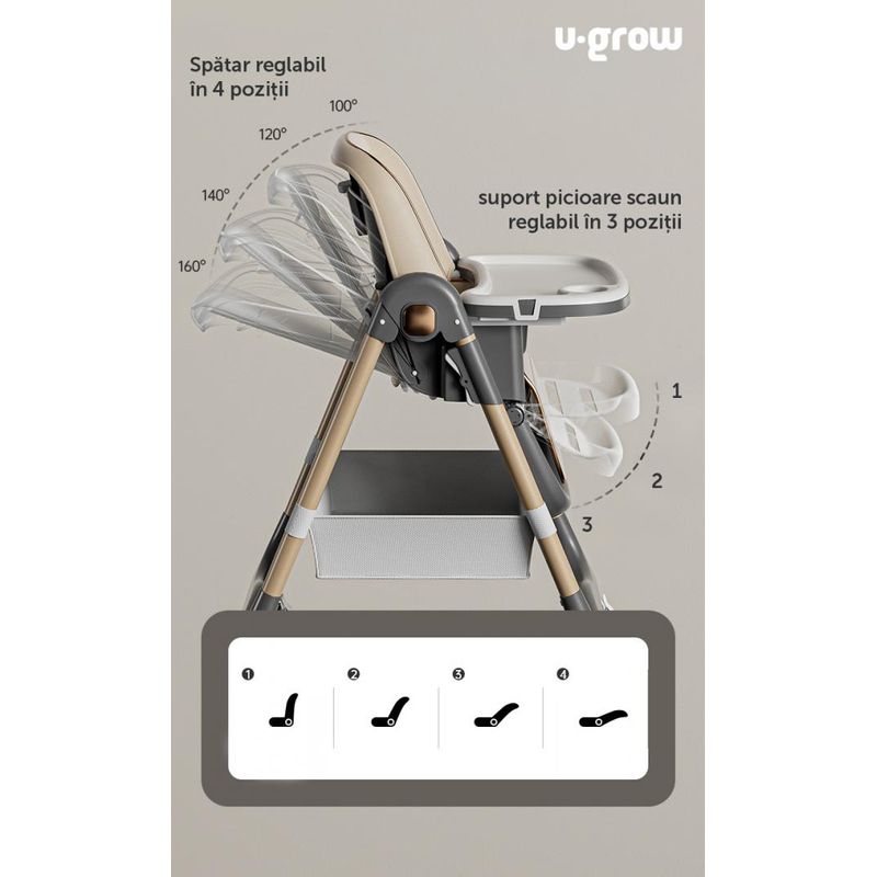 Jucarii, Copii si Bebe - Hrana si alaptare - Scaune de masa bebe - Scaun de masa U-Grow UG-330-BR, reglabil, pliabil, maro - Infinity.ro