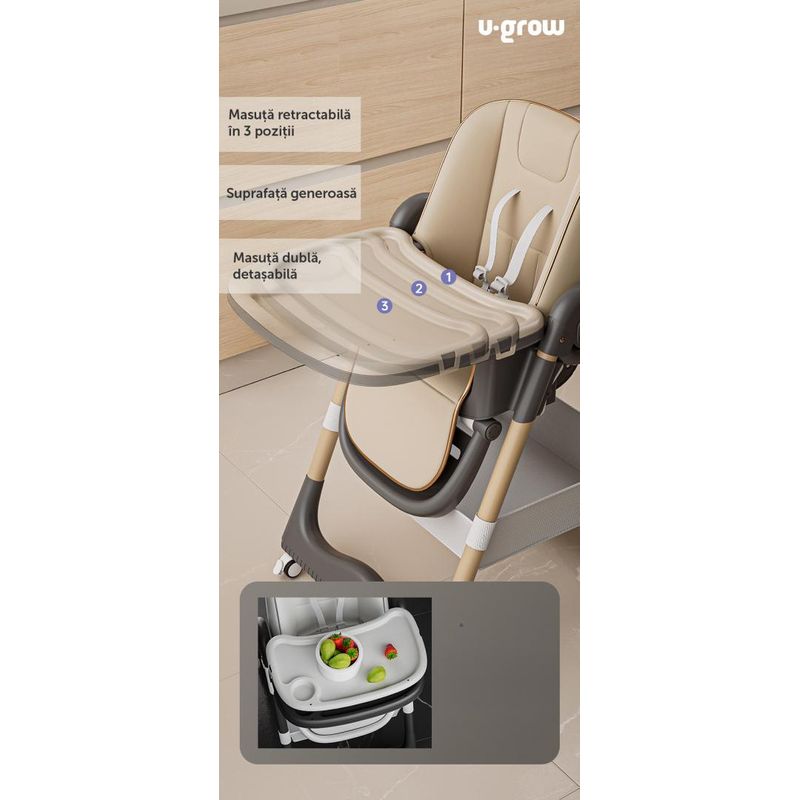 Jucarii, Copii si Bebe - Hrana si alaptare - Scaune de masa bebe - Scaun de masa U-Grow UG-330-BR, reglabil, pliabil, maro - Infinity.ro