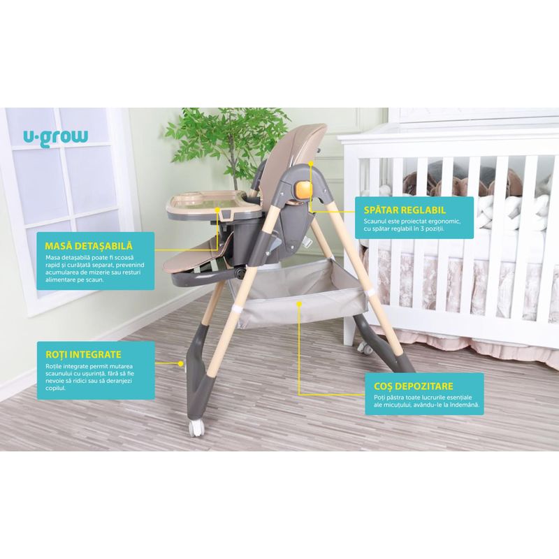Jucarii, Copii si Bebe - Hrana si alaptare - Scaune de masa bebe - Scaun de masa U-Grow UG-330-BR, reglabil, pliabil, maro - Infinity.ro