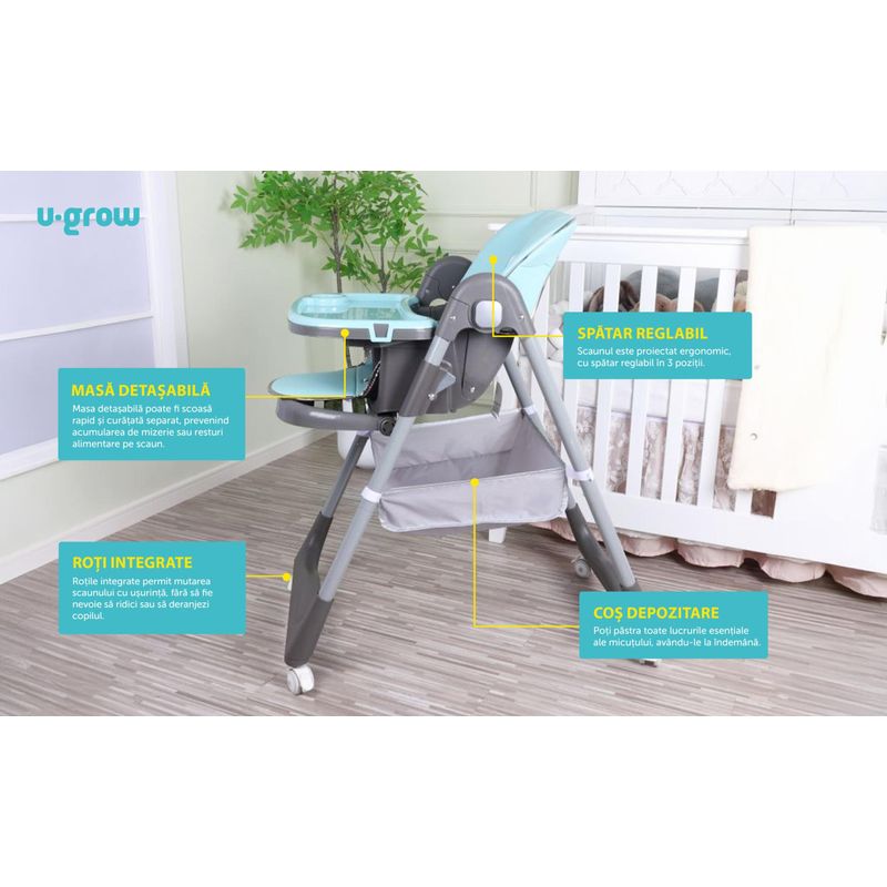 Jucarii, Copii si Bebe - Hrana si alaptare - Scaune de masa bebe - Scaun de masa U-Grow UG-330-BL, reglabil, pliabil, albastru - Infinity.ro