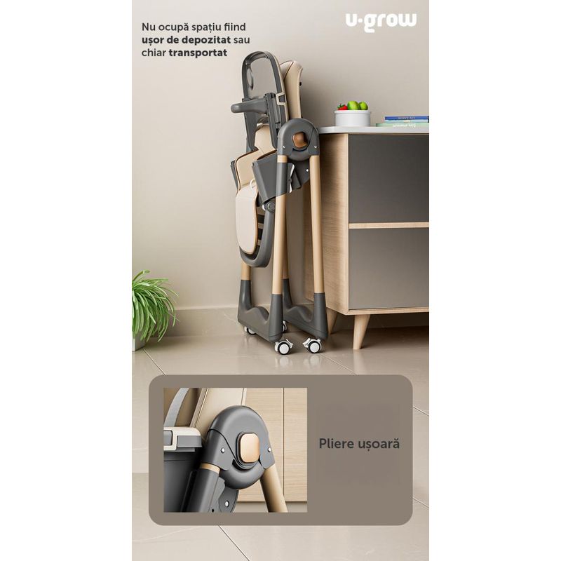Jucarii, Copii si Bebe - Hrana si alaptare - Scaune de masa bebe - Scaun de masa U-Grow UG-330-BR, reglabil, pliabil, maro - Infinity.ro